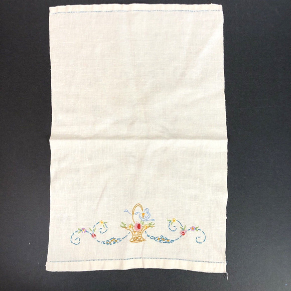 Retro Tea Towel Embroidered Flower Basket with Stripe, Pink Blue Yellow Vintage - Picture 2 of 8